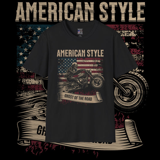 American Style Ghost of the Road T-Shirt | Unisex Softstyle Tee | Perfect for Bikers, Independence Day, Casual Wear, Gifts