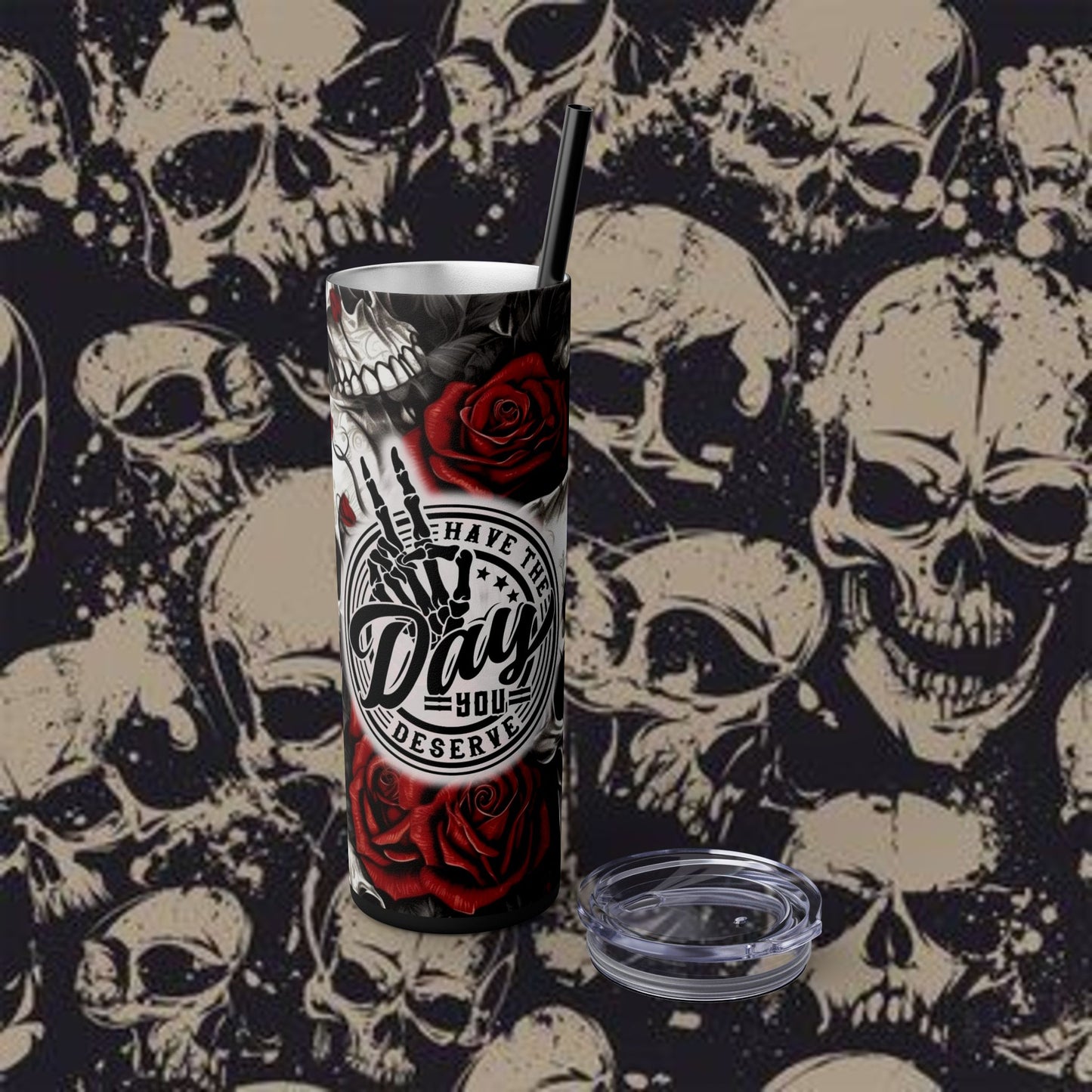 Unique Skull & Rose Skinny Tumbler with Straw – 20oz | Perfect for the Bold & Edgy
