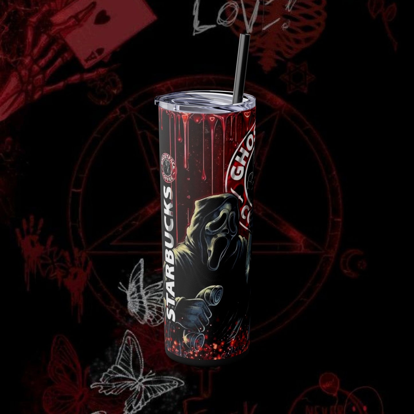 Ghost Face Coffee Skinny Tumbler - 20oz with Straw for Horror Fans