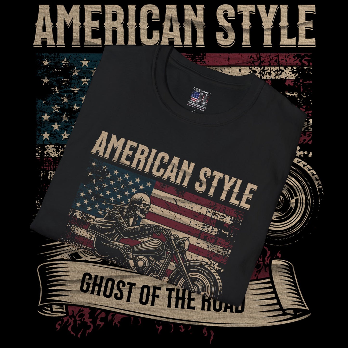 American Style Ghost of the Road T-Shirt | Unisex Softstyle Tee | Perfect for Bikers, Independence Day, Casual Wear, Gifts