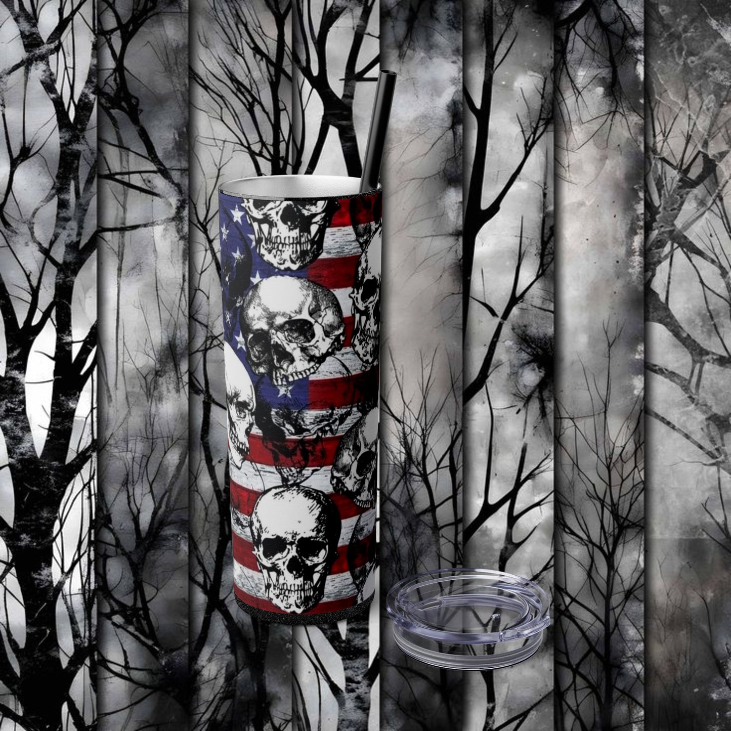 Patriotic Skull Skinny Tumbler with Straw - 20oz