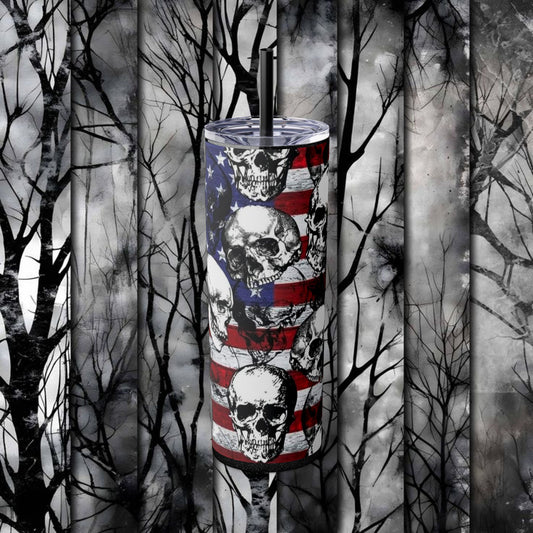 Patriotic Skull Skinny Tumbler with Straw - 20oz