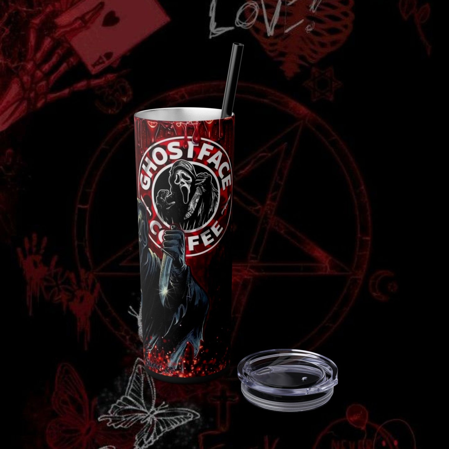 Ghost Face Coffee Skinny Tumbler - 20oz with Straw for Horror Fans