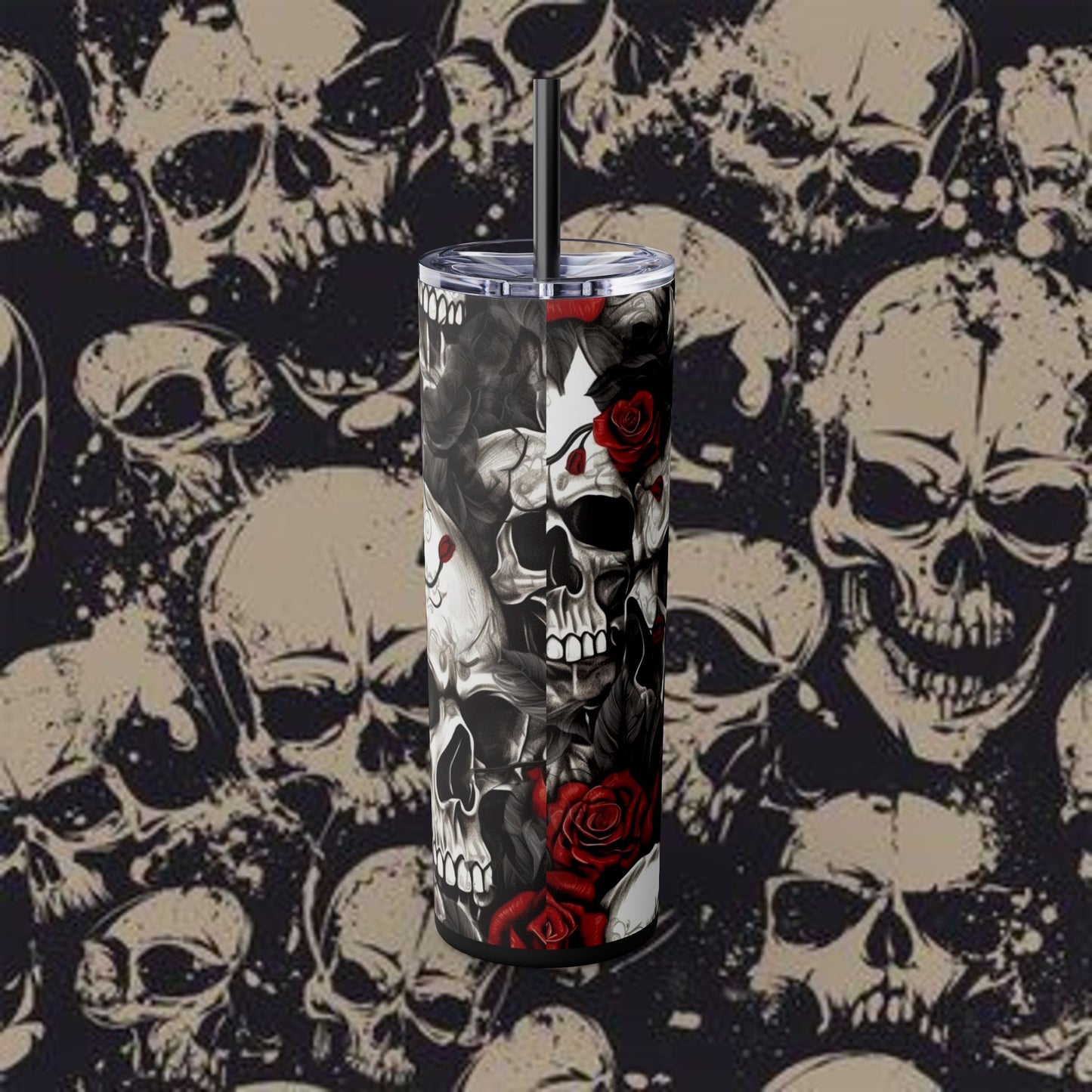 Unique Skull & Rose Skinny Tumbler with Straw – 20oz | Perfect for the Bold & Edgy