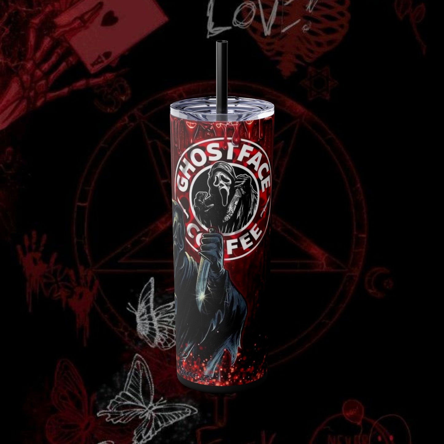 Ghost Face Coffee Skinny Tumbler - 20oz with Straw for Horror Fans