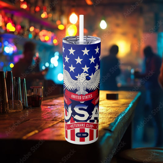 Patriotic Skinny Tumbler, 20oz USA Veterans Club Drinkware, Fourth of July Gift, Eagle Design for Celebrations, Travel Cup, Red White [...]