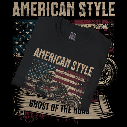 American Style Ghost of the Road T-Shirt | Unisex Softstyle Tee | Perfect for Bikers, Independence Day, Casual Wear, Gifts