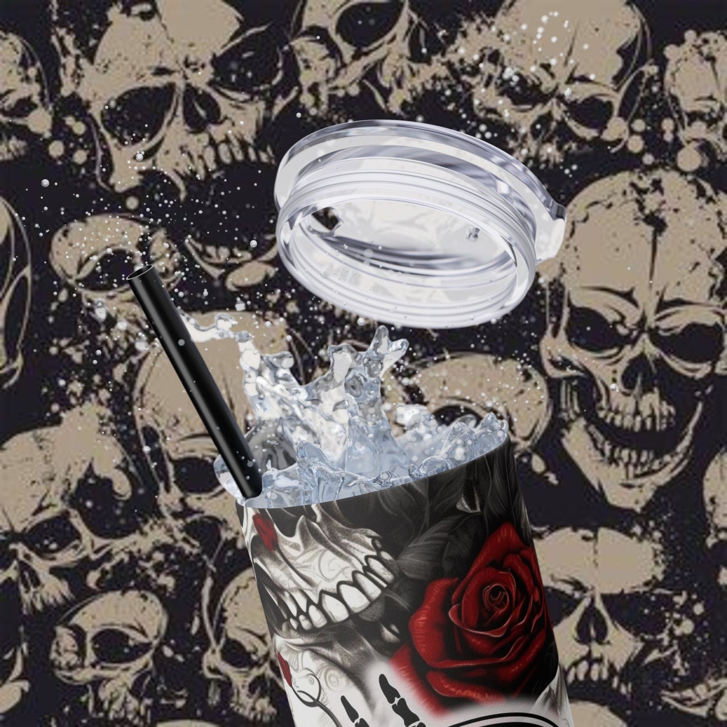 Unique Skull & Rose Skinny Tumbler with Straw – 20oz | Perfect for the Bold & Edgy