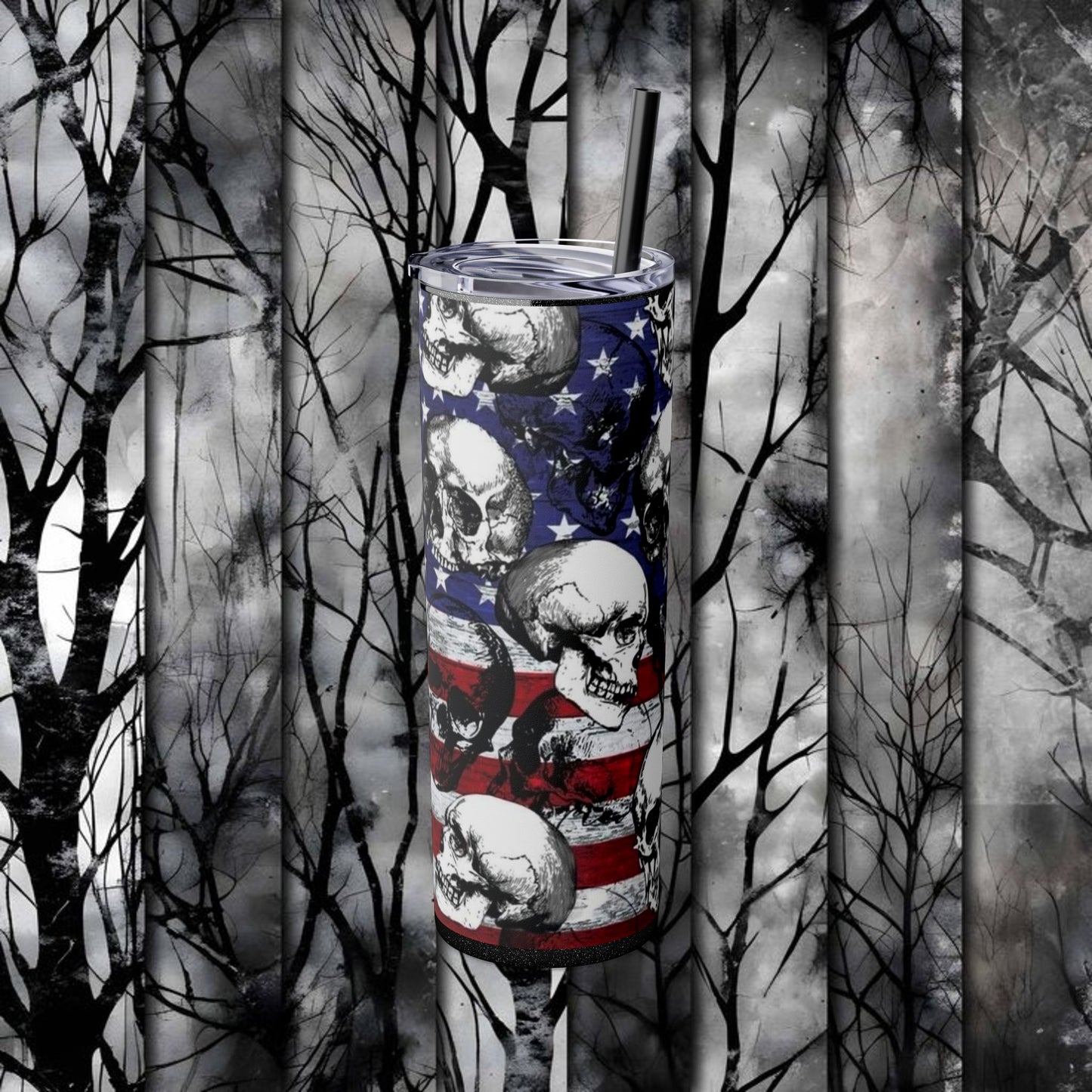 Patriotic Skull Skinny Tumbler with Straw - 20oz