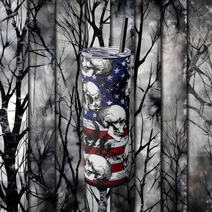 Patriotic Skull Skinny Tumbler with Straw - 20oz