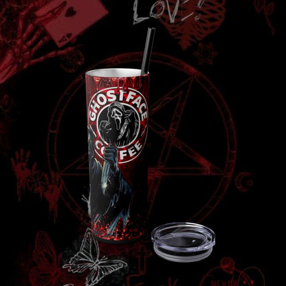 Ghost Face Coffee Skinny Tumbler - 20oz with Straw for Horror Fans