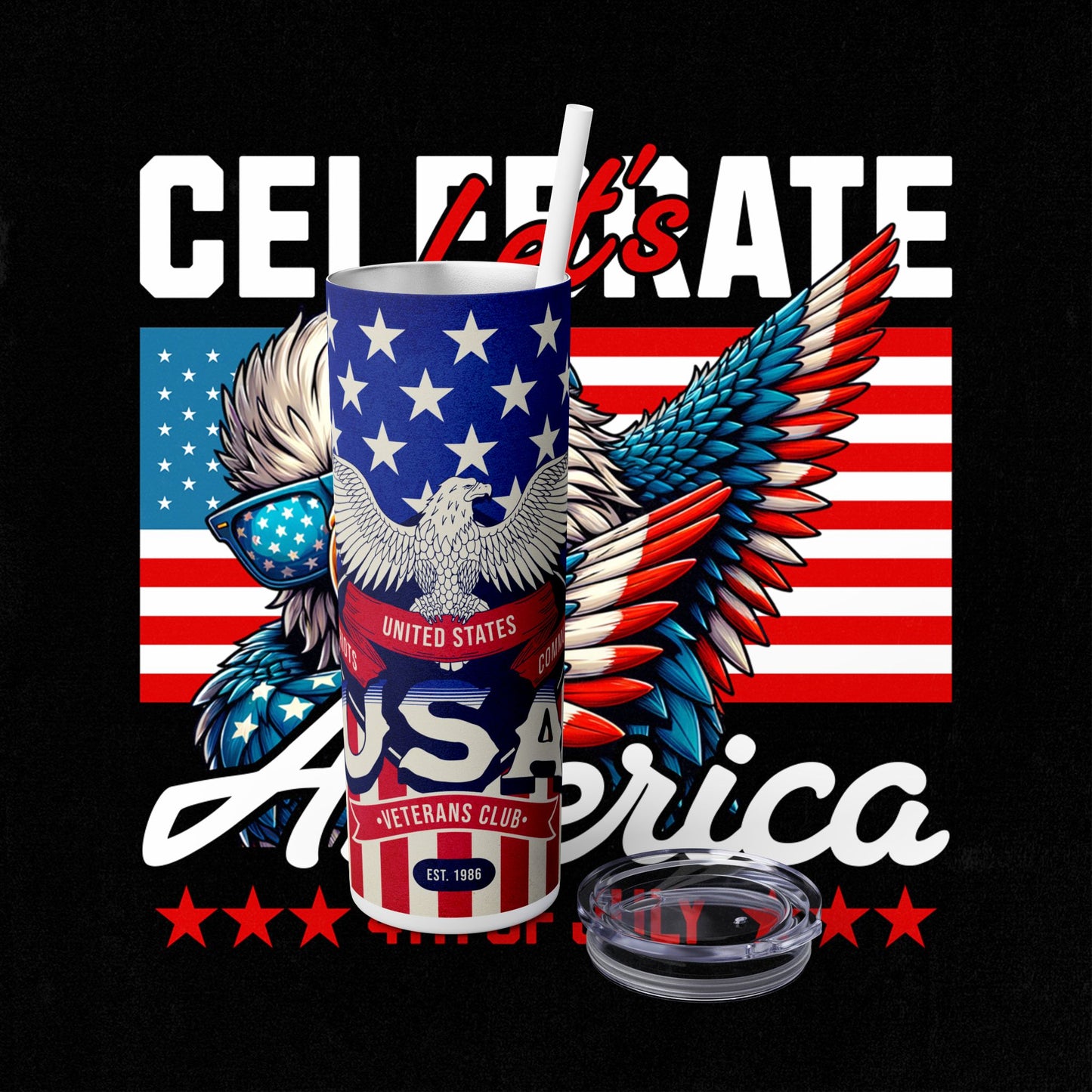 Patriotic Skinny Tumbler, 20oz USA Veterans Club Drinkware, Fourth of July Gift, Eagle Design for Celebrations, Travel Cup, Red White [...]