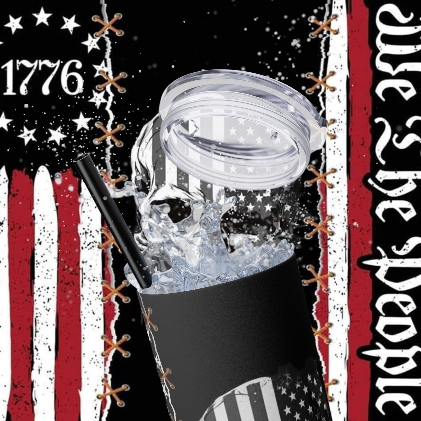 Patriotic Skull Tumbler, 20oz Skinny Tumbler with Straw, We the People, 1776 Flag Design, July 4th, American Pride, Gift for Patriots